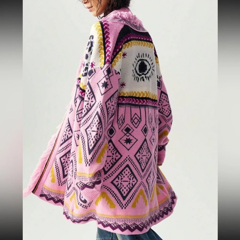 Luxe Boho Abstract Aztec Print Fringe Open Front Knit Sweater Cardigan Pink - Picture 2 of 6